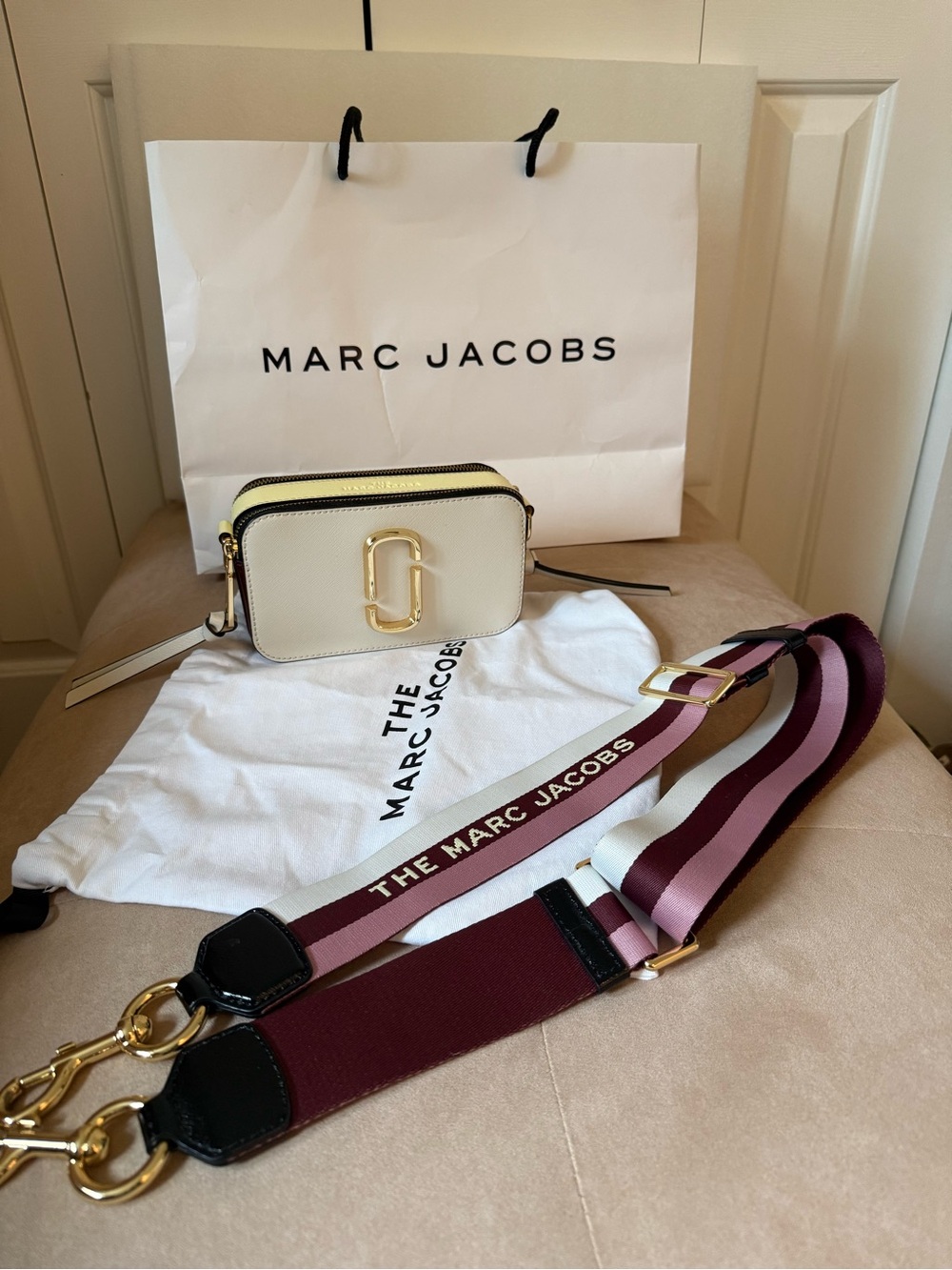 Marc Jacobs Cream Camera Crossbody with Maroon & Pink Striped Strap.Pre loved